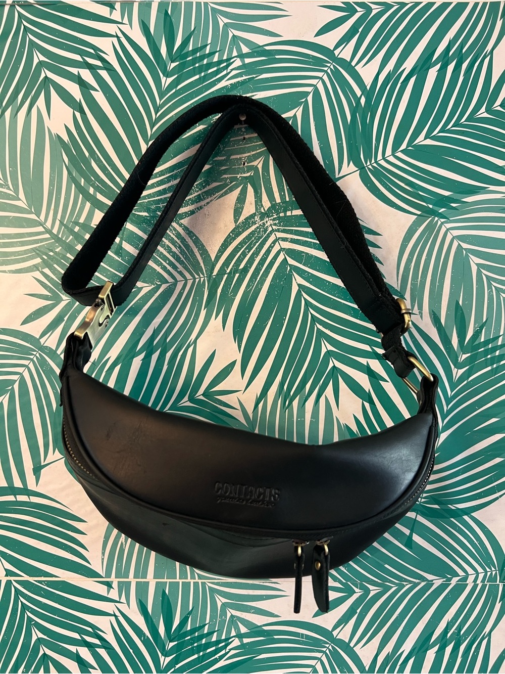 Black Leather Crescent Crossbody Bag with Gold Hardware for men and women